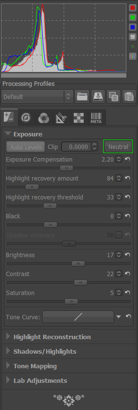 RawTherapee Default Exposure Values