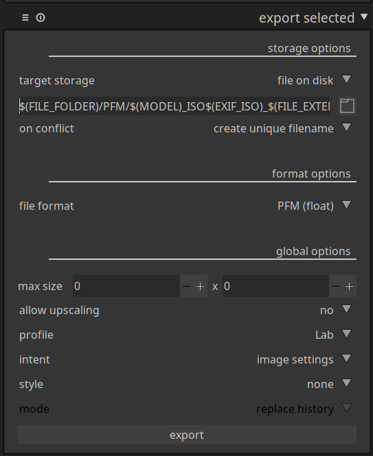 darktable export dialog