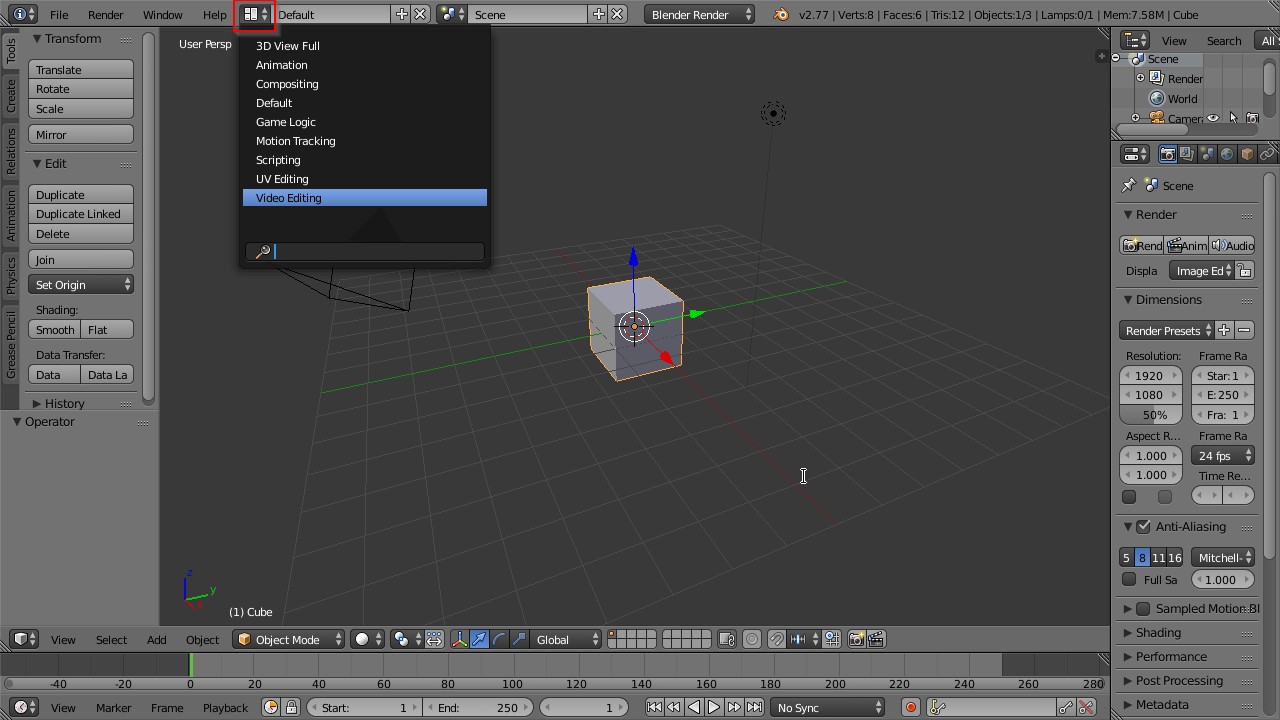 Blender screen layout options