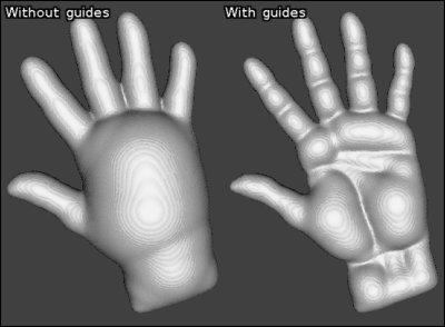 Estimated 3D elevations with and without guides